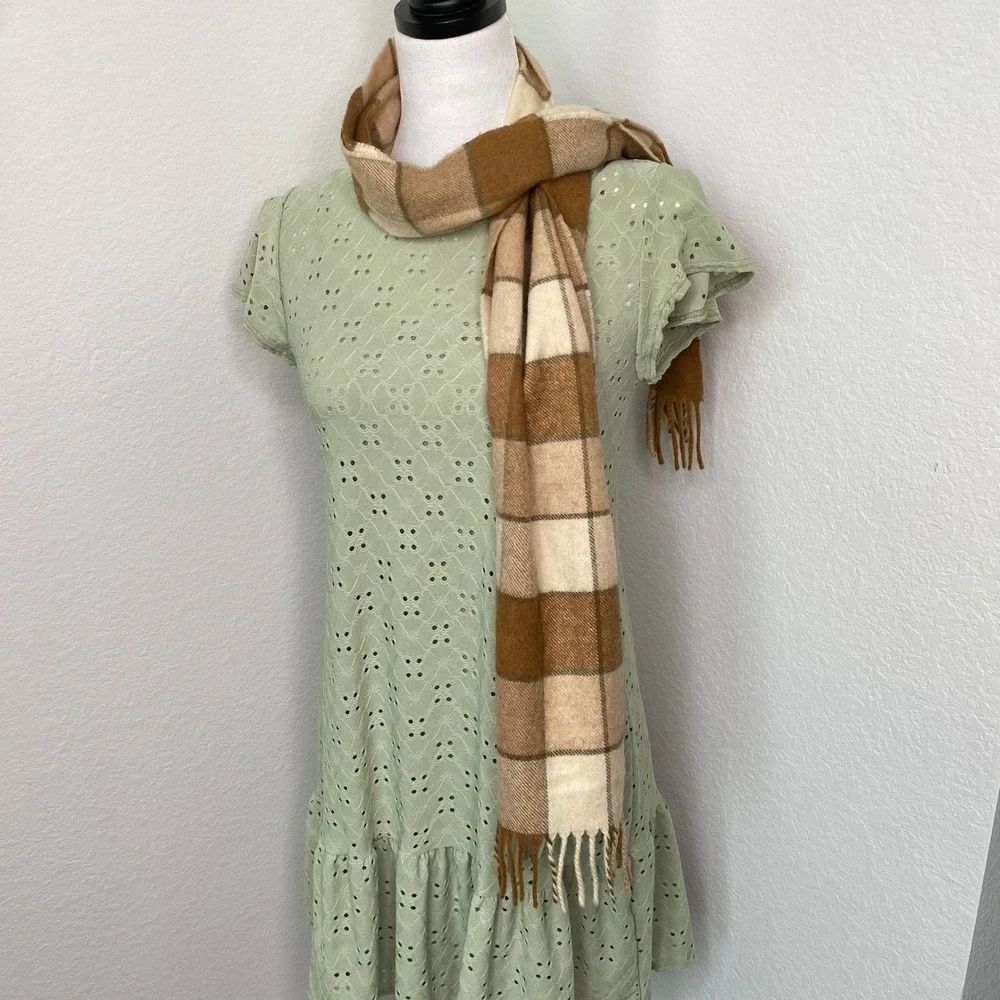 Johnstons of Elgin Cashmere Scarf Made in Scotland Plaid‎ Check Tan Beige Unisex